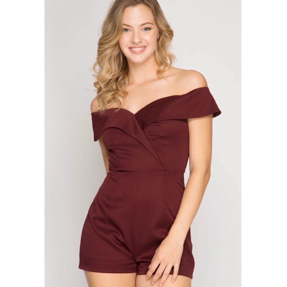 Burgundy Off Shoulder Sweetheart Romper